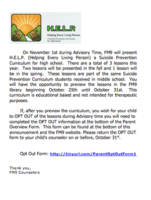 Suicide Prevention Information Letter 